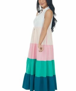 Entro Dresses Ivory Colorblock Sleeveless Woven Maxi Dress