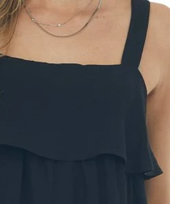 Entro Black Woven Tank Top With Ruffle Details Tops