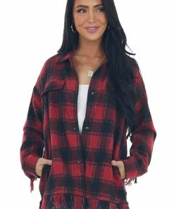 143 Story Crimson Plaid Shirt Jacket With Fringe Details