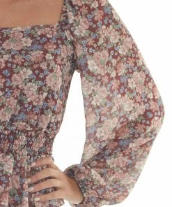 Peach Love Cinnamon Floral Square Neck Smocked Peplum Top Tops