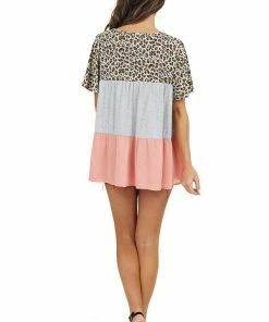 Main Strip Tops Grey Coral And Leopard Print Top With Criss Cross Neckline
