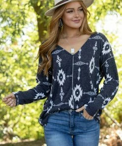BiBi Tops Charcoal Aztec Print Wide V Neck Knit Top