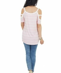 7th Ray Baby Pink And Ivory Striped Strappy Cold Shoulder Top Tops