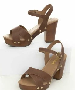 FORTUNE DYNAMIC Shoes Coffee Studded Block Heels With Ankle Strap