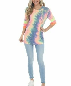 Vanilla Bay Neon Multicolor Tie Dye Knit Top With Stripe Contrast Detail Tops 12 Vanilla Bay Neon Multicolor Tie Dye Knit Top With Stripe Contrast Detail Tops