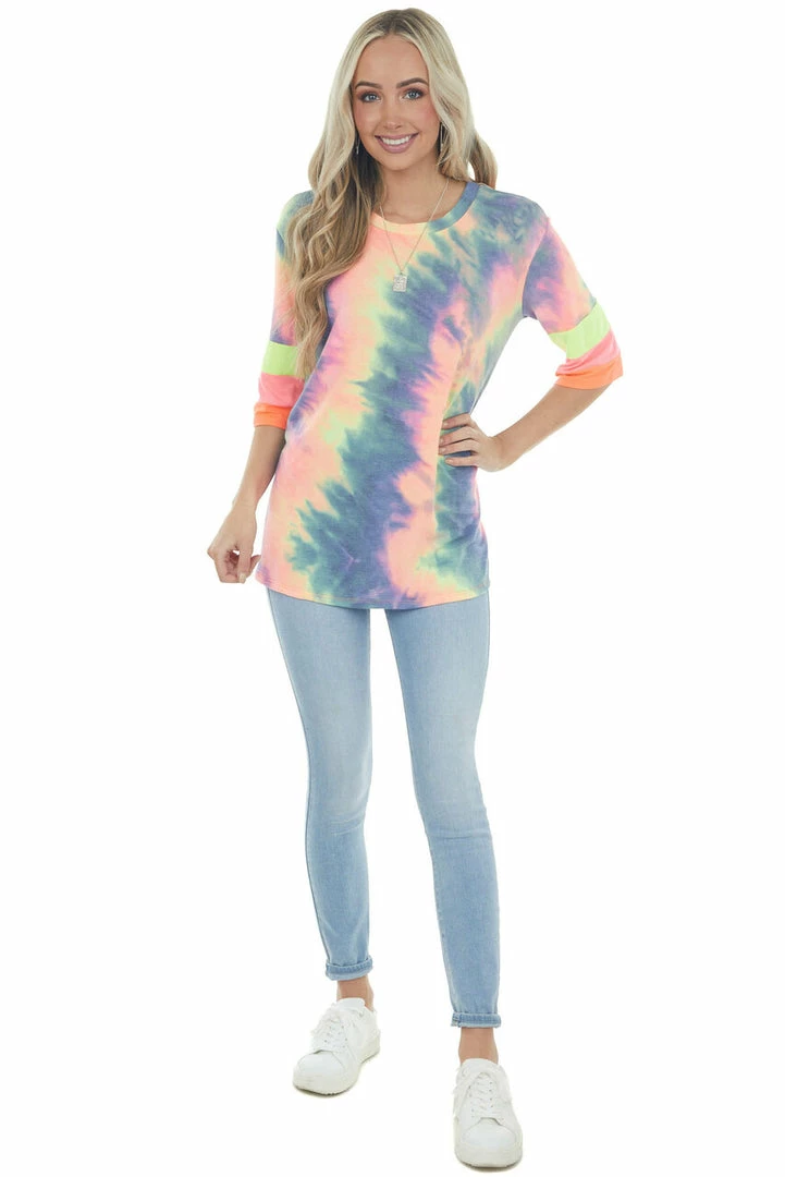 Vanilla Bay Neon Multicolor Tie Dye Knit Top With Stripe Contrast Detail Tops 5 Vanilla Bay Neon Multicolor Tie Dye Knit Top With Stripe Contrast Detail Tops