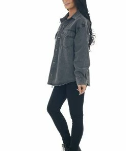 Blu Pepper Outerwear Faded Black Denim Button Front Jacket