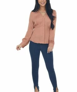 NAKED ZEBRA Tops Dusty Apricot V Neck Drop Waist Satin Blouse