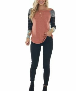 Ces Femme Tops Faded Rust Colorblock Long Raglan Sleeve Top