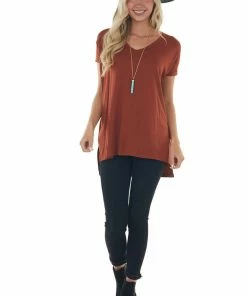 ANGIE Rust Oversized V Neck Short Sleeve Top