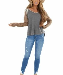 12PM Tops Stone Multiprint Waffle Knit Top With Leopard Long Sleeves