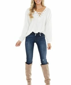 BiBi Tops Ivory Long Sleeve Knit Top With Lace Up V Neck Detail