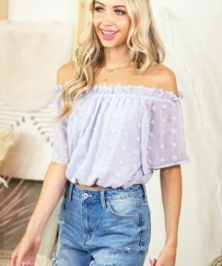 She + Sky Lilac Swiss Dot Off The Shoulder Crop Top With Elastic Hem