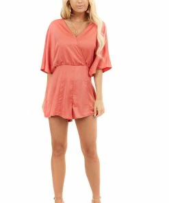 Wishlist Dresses Brick Red Short Sleeve Woven Surplice Romper