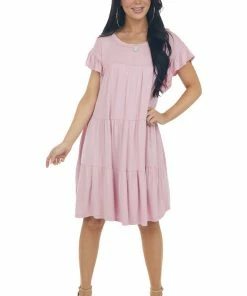 Eesome Carnation Pink Flutter Sleeve Tiered Dress