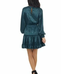She + Sky Dark Teal Leopard Print Satin Smocked Short Dress Dresses