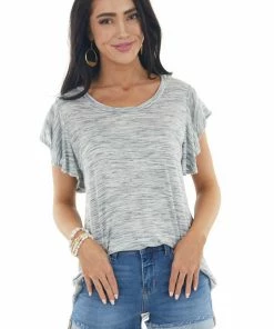 143 Story Heather Grey And Charcoal Knit Top With Flutter Sleeves Tops