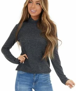 HYFVE Heathered Black Fitted Long Sleeve Top With Turtleneck Tops