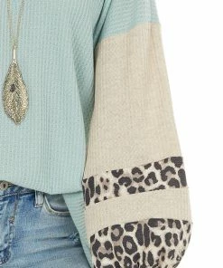 Lovely Melody Sage Waffle Knit Top With Oatmeal And Leopard Print Sleeves 32 Lovely Melody Sage Waffle Knit Top With Oatmeal And Leopard Print Sleeves