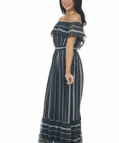 IN LOOM Dresses Black Multi Print Off Shoulder Maxi Dress With Ruffle Detail
