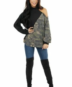 BiBi Black Cold Shoulder Long Sleeve Top With Camouflage Contrast Tops