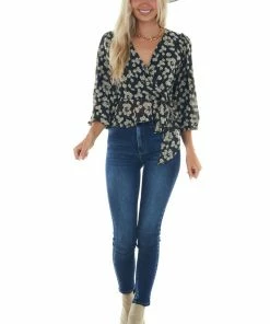 She + Sky Tops Black Floral Print Surplice Long Sleeve Blouse