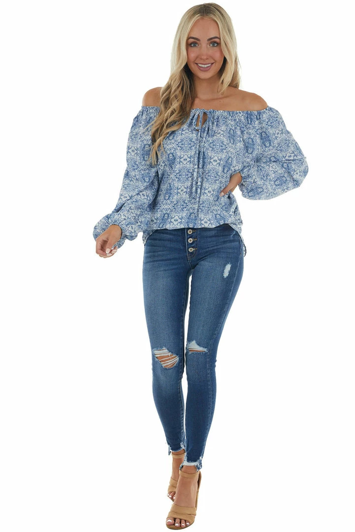 First Love Ocean Blue Printed Off Shoulder Blouse Tops 14 First Love Ocean Blue Printed Off Shoulder Blouse Tops