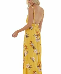 ROKOKO Dresses Canary Yellow Floral And Polka Dot Print Maxi Dress