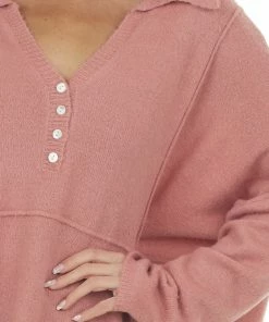 Easel Dusty Coral Collared Henley Brushed Knit Top Tops