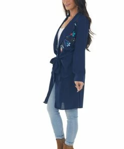 Davi & Dani Navy Floral Embroidered Open Midi Jacket Outerwear 32 Davi & Dani Navy Floral Embroidered Open Midi Jacket Outerwear