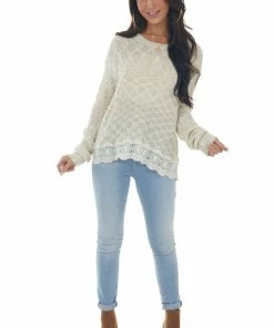 Davi & Dani Vanilla Stretchy Knit Sweater With Lace Detail Tops