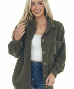 143 Story Olive Sherpa Button Up Bubble Sleeve Shacket