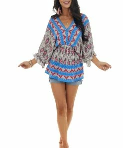 Umgee Sapphire Abstract Print Babydoll Surplice Top Tops