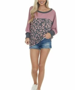 Entro Dusty Rose Leopard Print Colorblock Knit Top