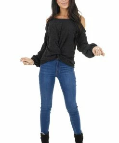 Peach Love Tops Charcoal Two Tone Long Sleeve Knit Top With Cold Shoulders