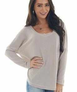 Sweet Lovely Light Taupe Raw Edge V Neck Waffle Knit Top Tops