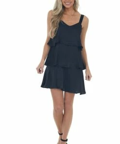 Sweet Lemon Dresses Black Sleeveless Tiered Short Soft Dress