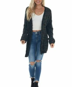 Davi & Dani Black Multicolor Cardigan With Bubble Sleeves Cardigans
