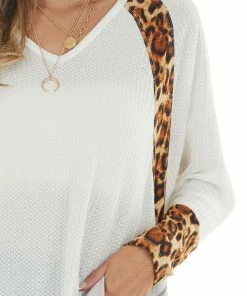 Umgee Tops Ivory Long Sleeve Waffle Knit Top With Leopard Contrast