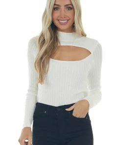 LE LIS Eggshell Cable Knit Mock Neckline Sweater Tops