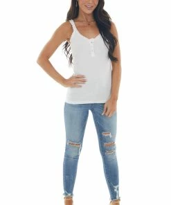 ANGIE White Ribbed Knit Tank Top With Button And Lace Trim Details
