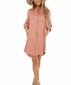 Listicle Terracotta Button Down Collared Short Dress With Pockets Dresses 30 Listicle Terracotta Button Down Collared Short Dress With Pockets Dresses
