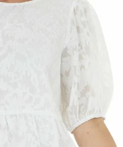 Staccato Off White Floral Lace Peplum Top With Short Puff Sleeves Tops