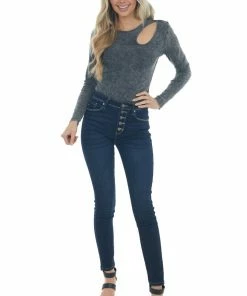 LE LIS Tops Charcoal Stone Washed Front Cutout Bodysuit 28 LE LIS Tops Charcoal Stone Washed Front Cutout Bodysuit