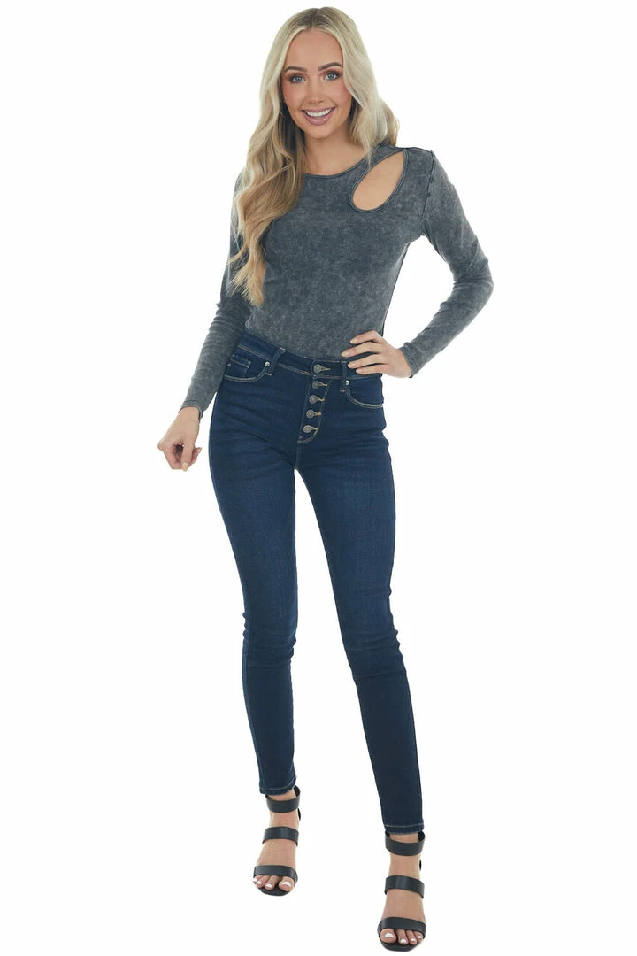 LE LIS Tops Charcoal Stone Washed Front Cutout Bodysuit 13 LE LIS Tops Charcoal Stone Washed Front Cutout Bodysuit
