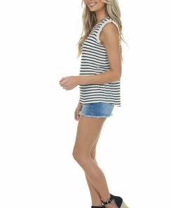 Hailey & Co Tops Black And Ivory Striped Lace Cap Sleeve Top