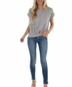 She + Sky Silver Short Cuff Sleeve Pleated Hem Blouse