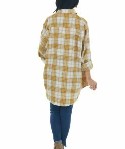 La Miel Mustard Plaid Single Chest Pocket Flannel