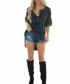 BiBi Washed Black Button Up Rounded Hem Thermal Top Tops