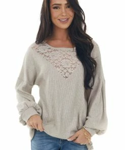 BiBi Latte Waffle Knit Long Sleeve Sheer Lace Top Tops